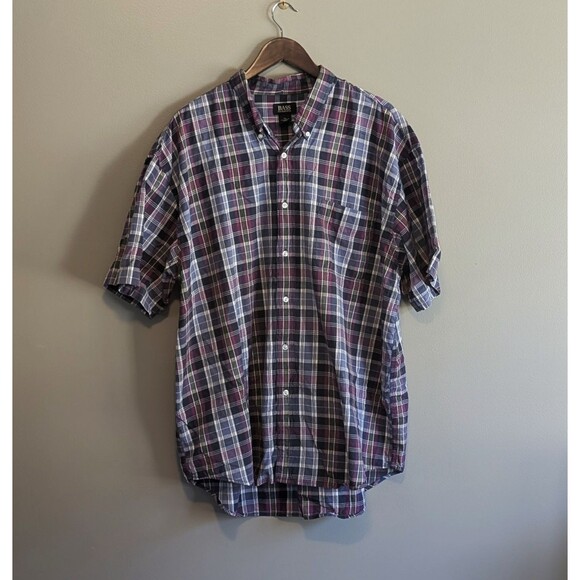 GH Bass Size XL Short Sleeve Shirt Mens Oversized Purple Plaid Lightweight - Picture 1 of 4